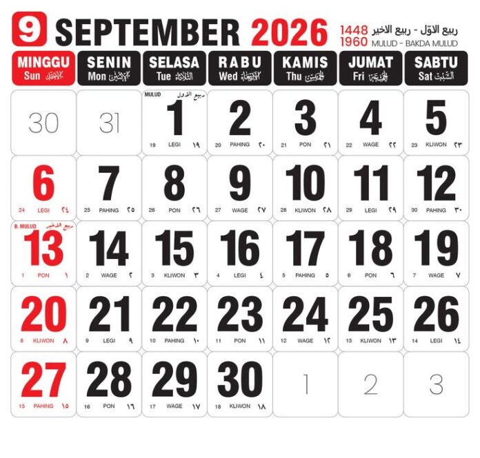 Kalender September 2026 Lengkap dengan Weton, Tanggal Jawa, dan Pasaran